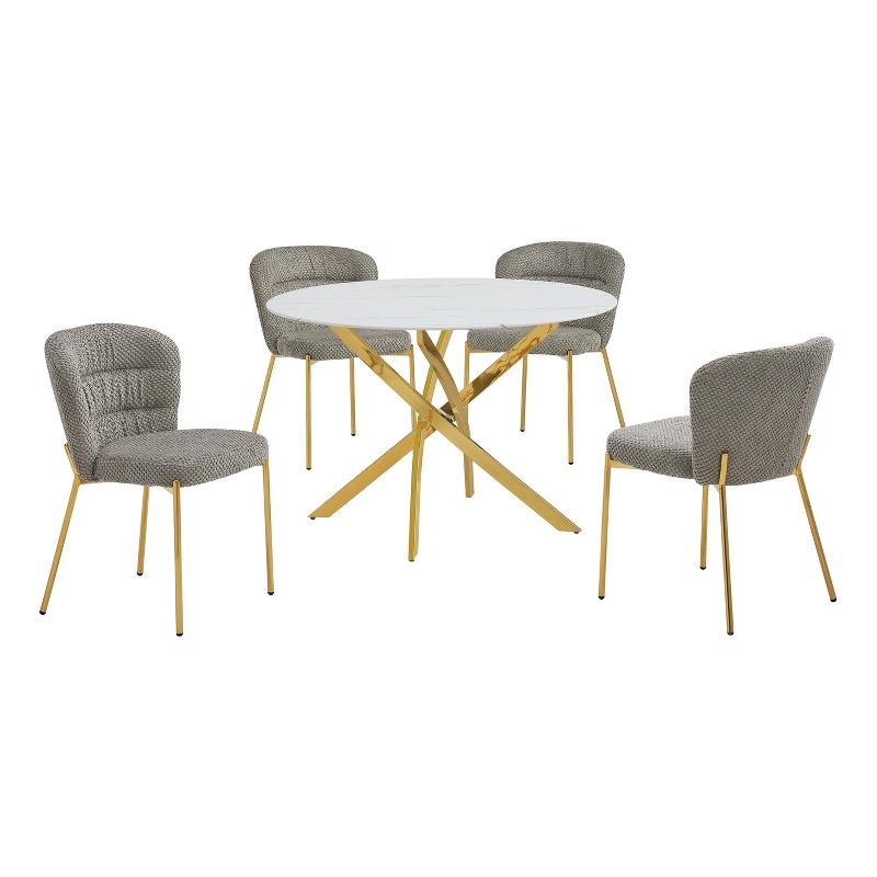 Best Quality Furniture Circle White Faux Marble Glass Dining Set w Fluffy Chairs