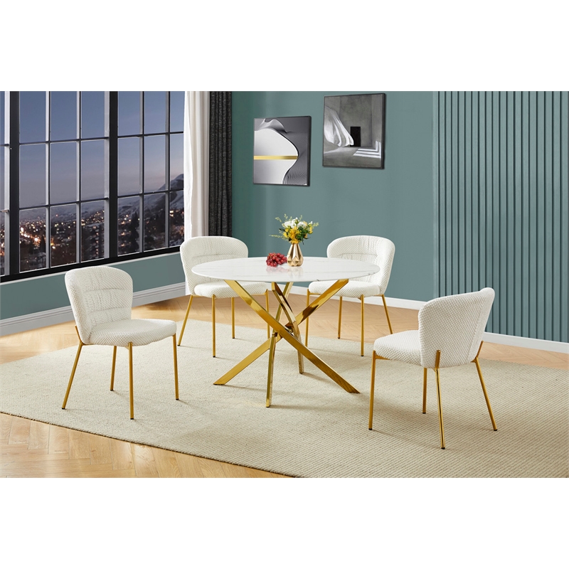 Best Quality Furniture Circle White Faux Marble Glass Dining Set w Fluffy Chairs