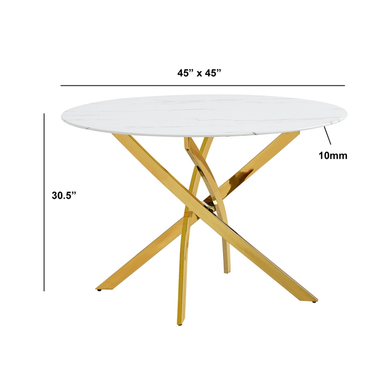 Best Quality Furniture Circle White Faux Marble Glass Dining Set w Fluffy Chairs