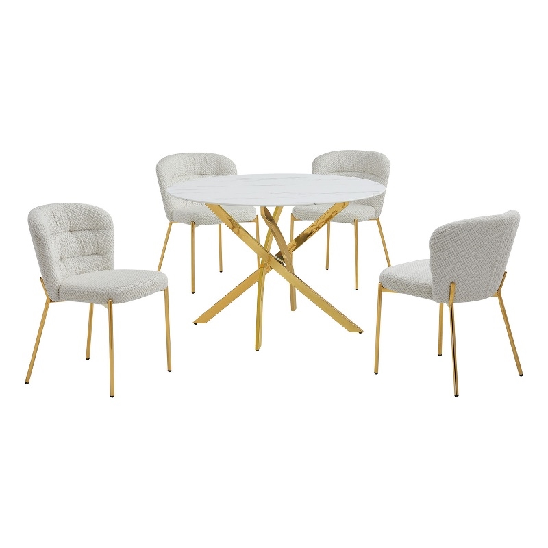 Best Quality Furniture Circle White Faux Marble Glass Dining Set w Fluffy Chairs