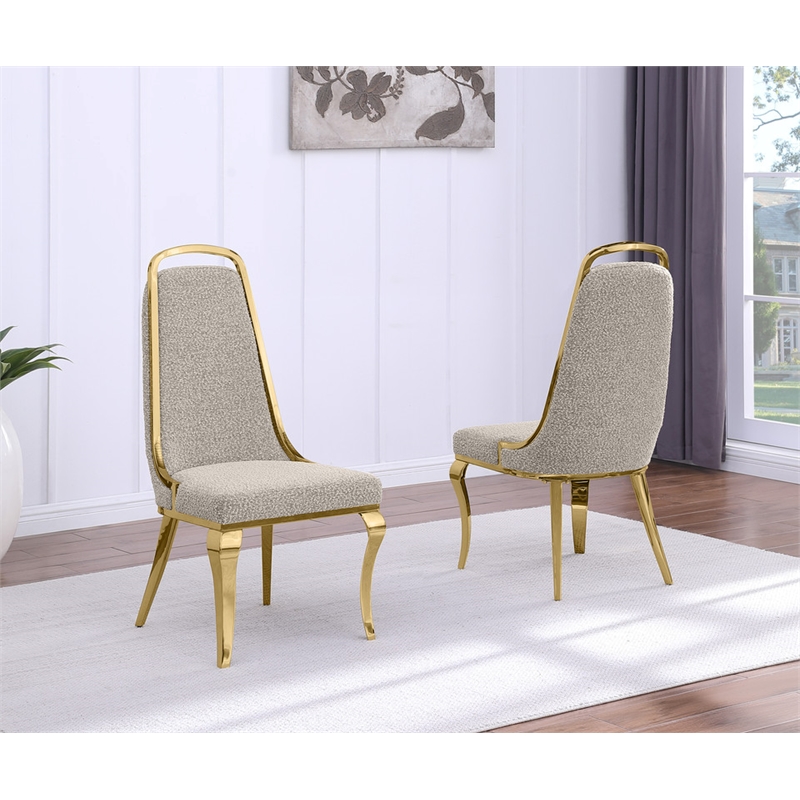 Best Quality Furniture Gray Boucle Fabric Side Chairs w Gold Chrome Frame