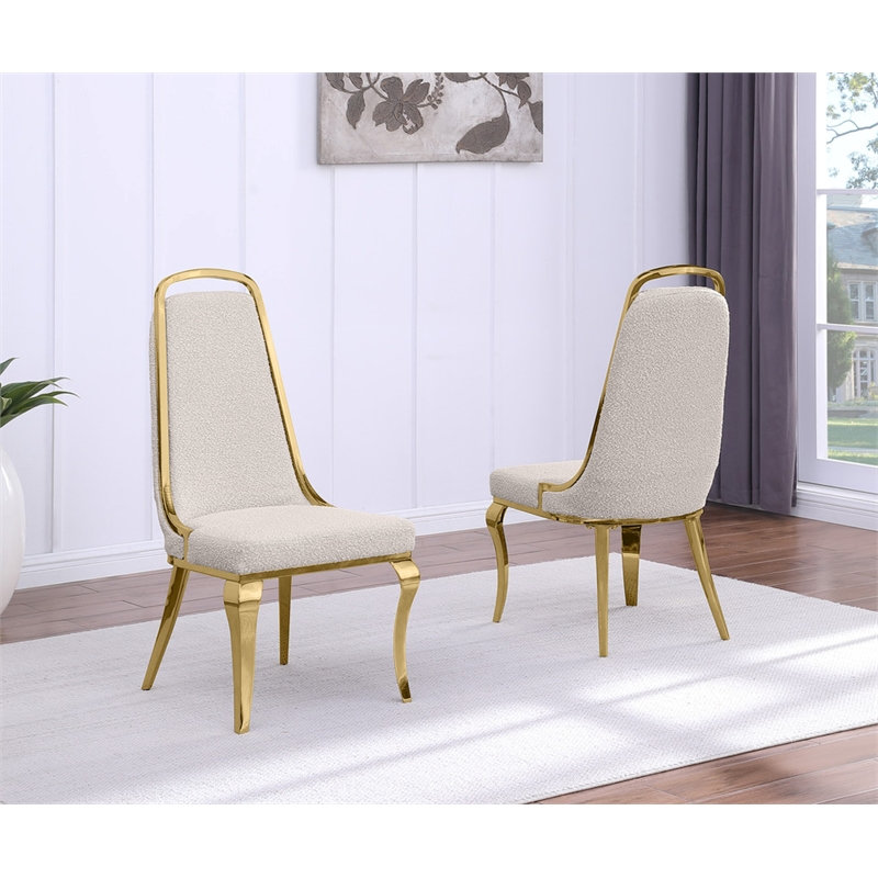 Best Quality Furniture Cream Boucle Fabric Side Chairs w Gold Chrome Frame