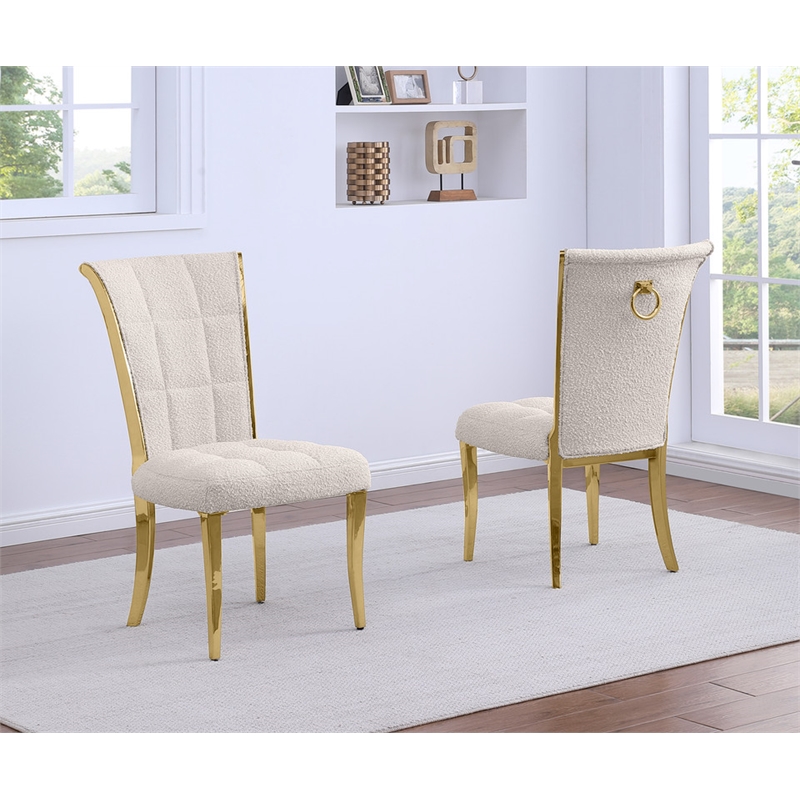 Best Quality Furniture Cream Boucle Fabric Side Chairs w Gold Chrome Frame