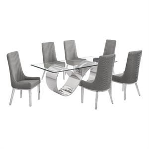 Best Quality Furniture 78&quot x 42&quot Clear Glass Dining Set w Boucle Fabric Chairs