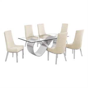Best Quality Furniture 78&quot x 42&quot Clear Glass Dining Set w Boucle Fabric Chairs