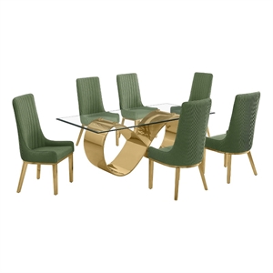Best Quality Furniture 78&quot x 42&quot Clear Glass Dining Set w Boucle Fabric Chairs