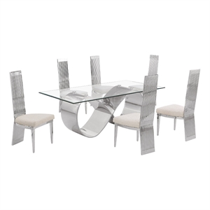 Best Quality Furniture 78&quot x 42&quot Clear Glass Dining Set w Boucle Fabric Chairs
