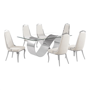 Best Quality Furniture 78&quot x 42&quot Clear Glass Dining Set w Boucle Fabric Chairs