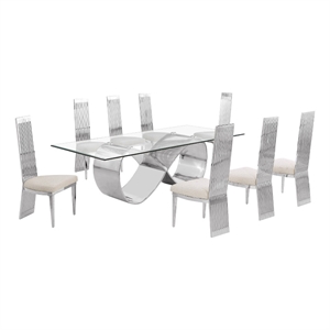 Best Quality Furniture 94&quot x 46&quot Clear Glass Dining Set w Boucle Fabric Chairs