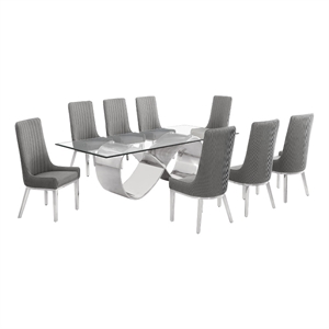 Best Quality Furniture 94&quot x 46&quot Clear Glass Dining Set w Boucle Fabric Chairs