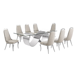 Best Quality Furniture 94&quot x 46&quot Clear Glass Dining Set w Boucle Fabric Chairs