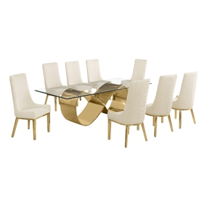 Best Quality Furniture 94&quot x 46&quot Clear Glass Dining Set w Boucle Fabric Chairs