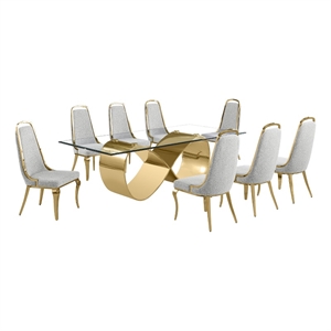 Best Quality Furniture 94&quot x 46&quot Clear Glass Dining Set w Boucle Fabric Chairs