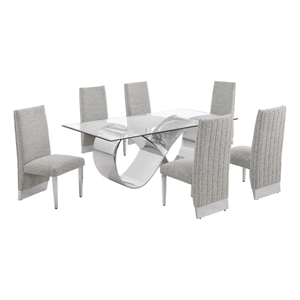 Best Quality Furniture 78&quot x 42&quot Clear Glass Dining Set w Boucle Fabric Chairs
