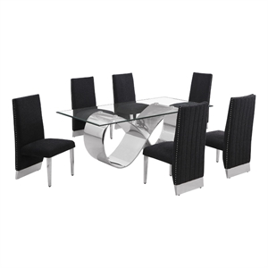 Best Quality Furniture 78&quot x 42&quot Clear Glass Dining Set w Boucle Fabric Chairs