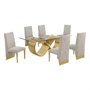 Best Quality Furniture 78&quot x 42&quot Clear Glass Dining Set w Boucle Fabric Chairs