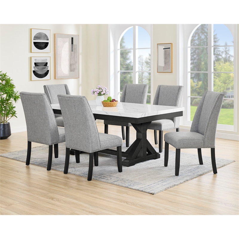 Best Quality Furniture Faux White Marble Dining Set with Dark Rustic Wood Finish