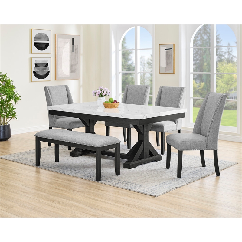 Best Quality Furniture Faux White Marble Dining Set with Dark Rustic Wood Finish