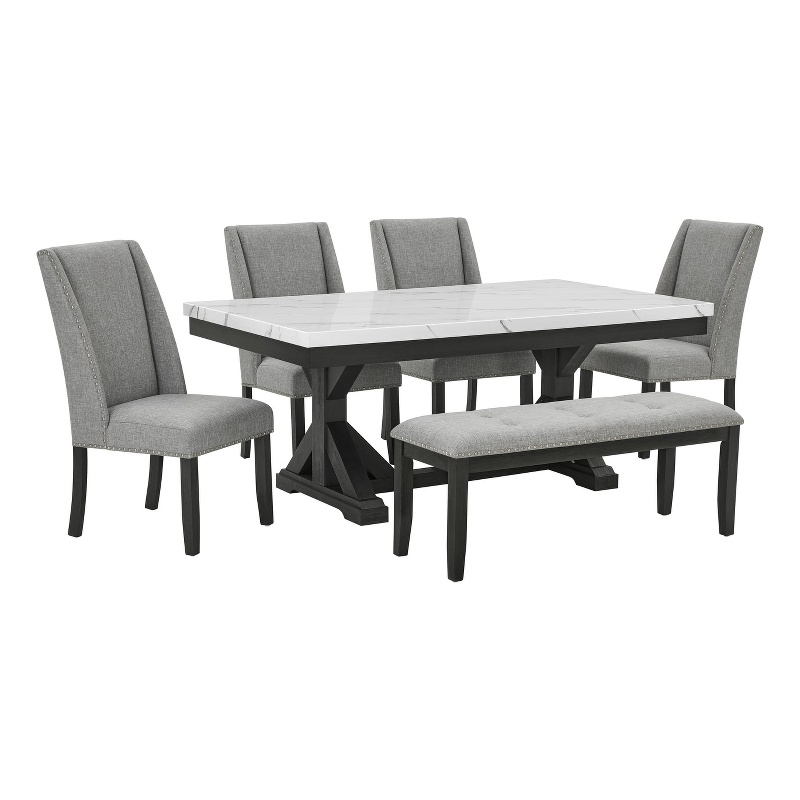 Best Quality Furniture Faux White Marble Dining Set with Dark Rustic Wood Finish