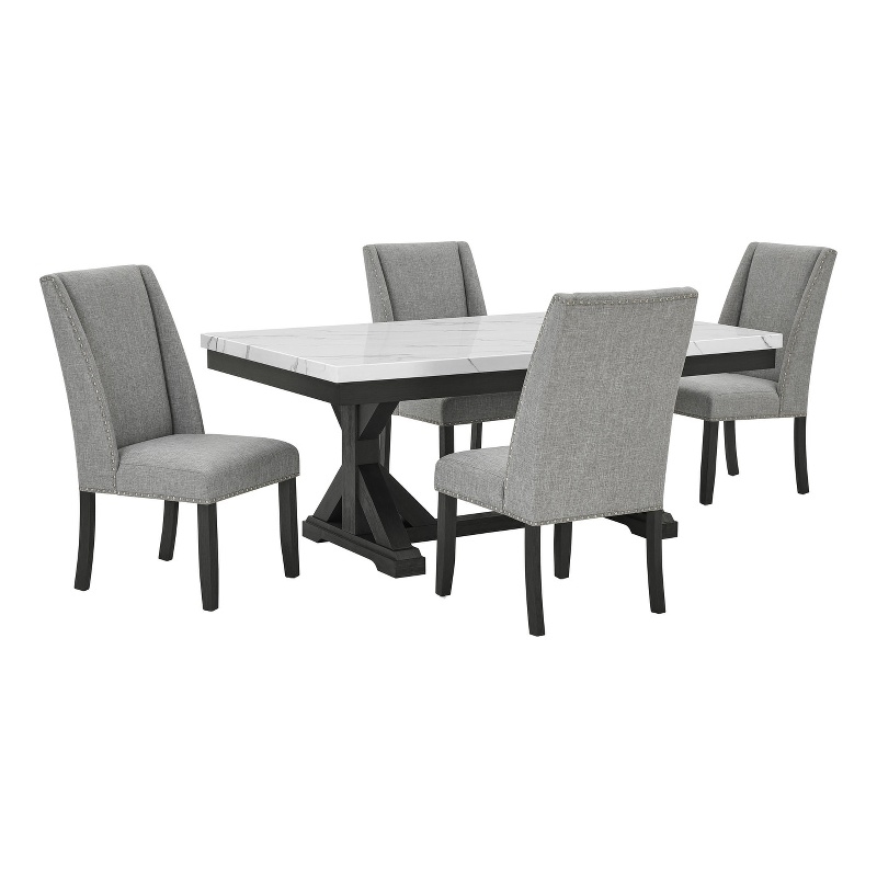 Best Quality Furniture Faux White Marble Dining Set with Dark Rustic Wood Finish