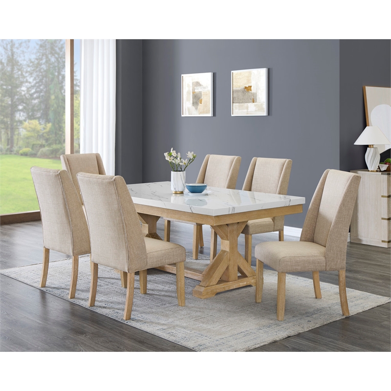Best Quality Furniture Faux White Marble Dining Set with Rustic Wood Finish