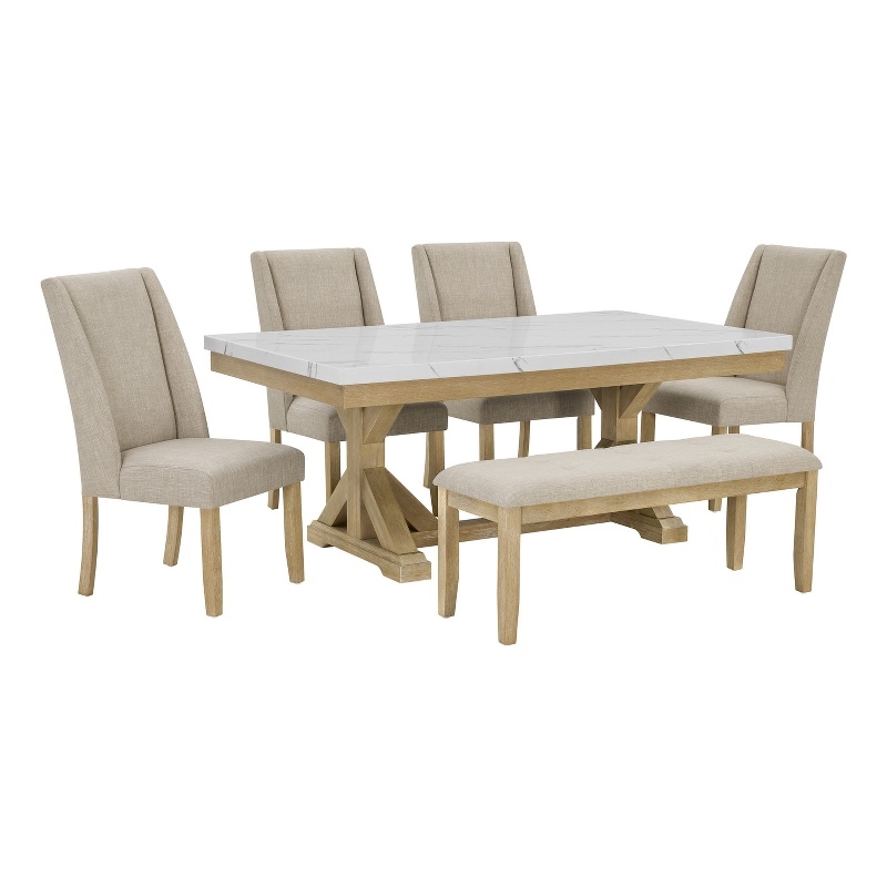 Best Quality Furniture Faux White Marble Dining Set with Rustic Wood Finish