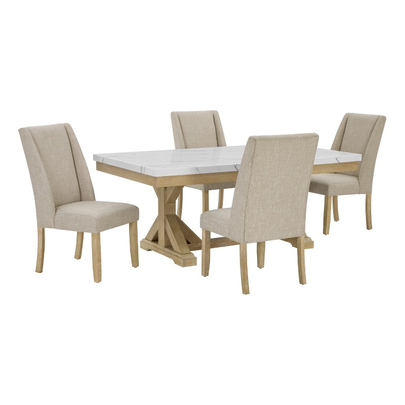 Best Quality Furniture Faux White Marble Dining Set with Rustic Wood Finish