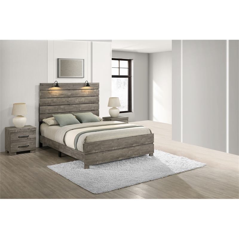 Best Quality Furniture 3pc Antique Gray Wood Panel Bedroom Set with Headlamps