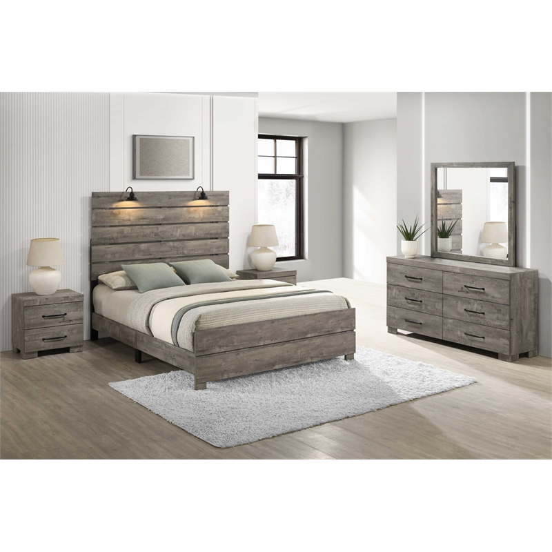 Best Quality Furniture 5pc Antique Gray Wood Panel Bedroom Set with Headlamps
