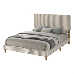 Best Quality Furniture Full Size Panel Bed in Cream Velvet Corduroy