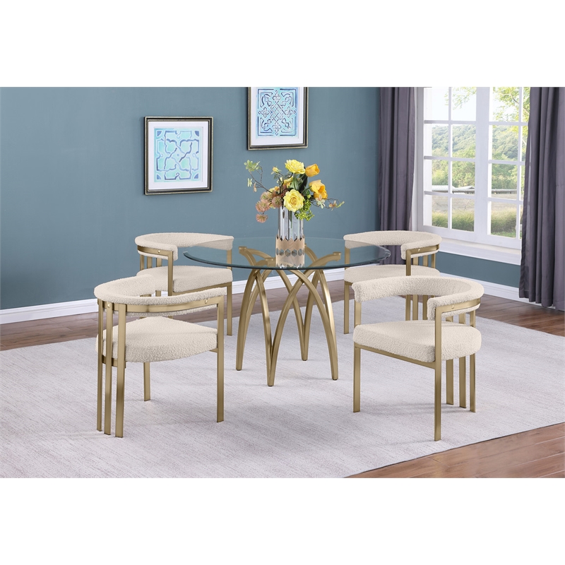 Best Quality Furniture 5pc Circle Clear Glass Dining Set & Boucle Fabric Chairs