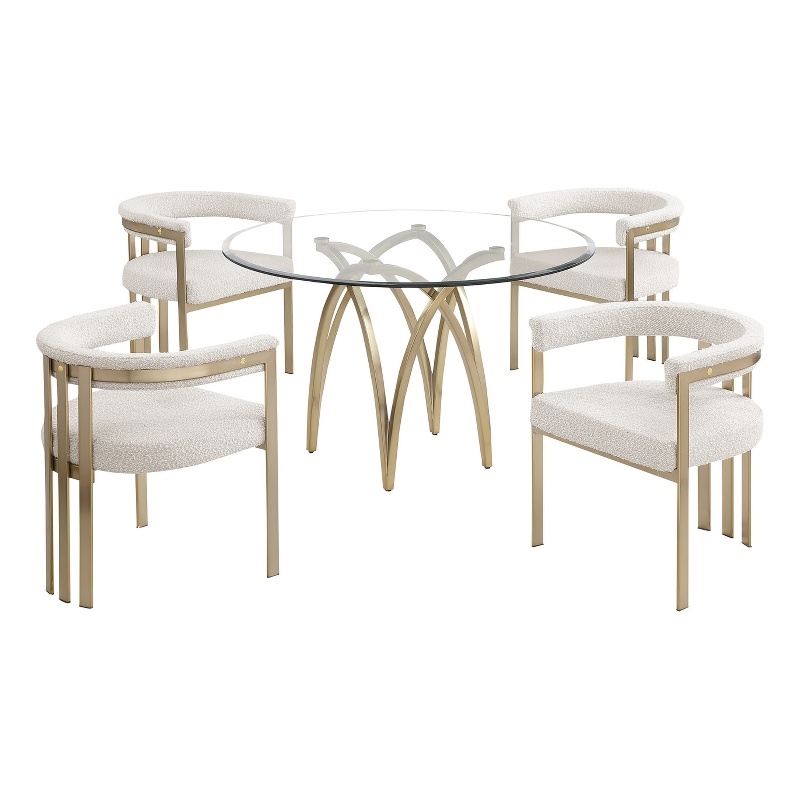 Best Quality Furniture 5pc Circle Clear Glass Dining Set & Boucle Fabric Chairs