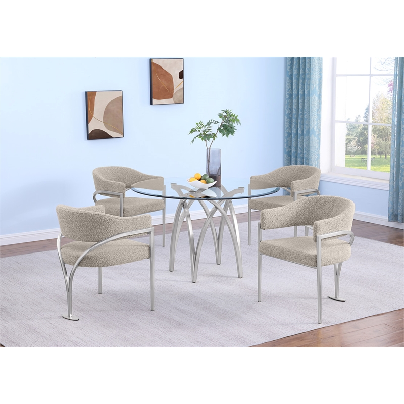 Best Quality Furniture 5pc Circle Clear Glass Dining Set & Boucle Fabric Chairs