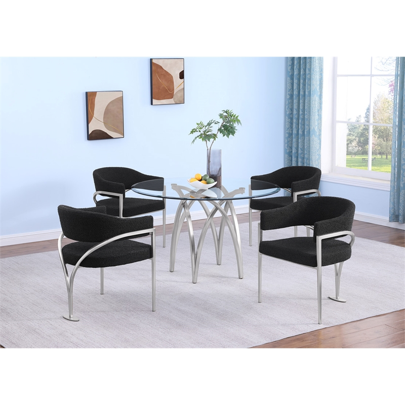 Best Quality Furniture 5pc Circle Clear Glass Dining Set & Boucle Fabric Chairs