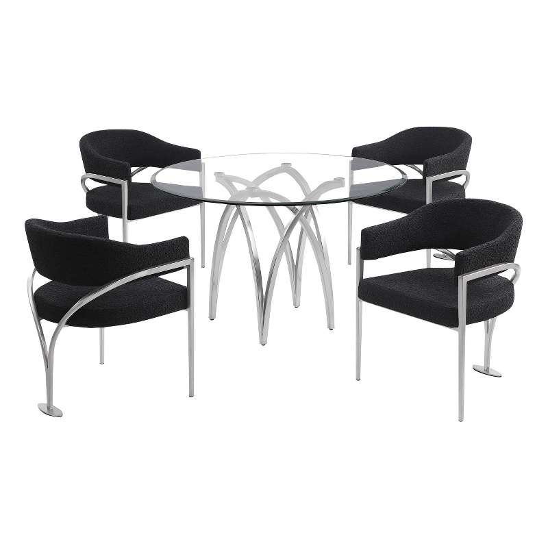 Best Quality Furniture 5pc Circle Clear Glass Dining Set & Boucle Fabric Chairs