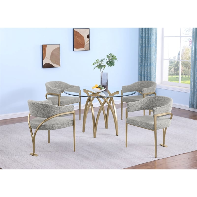 Best Quality Furniture 5pc Circle Clear Glass Dining Set & Boucle Fabric Chairs