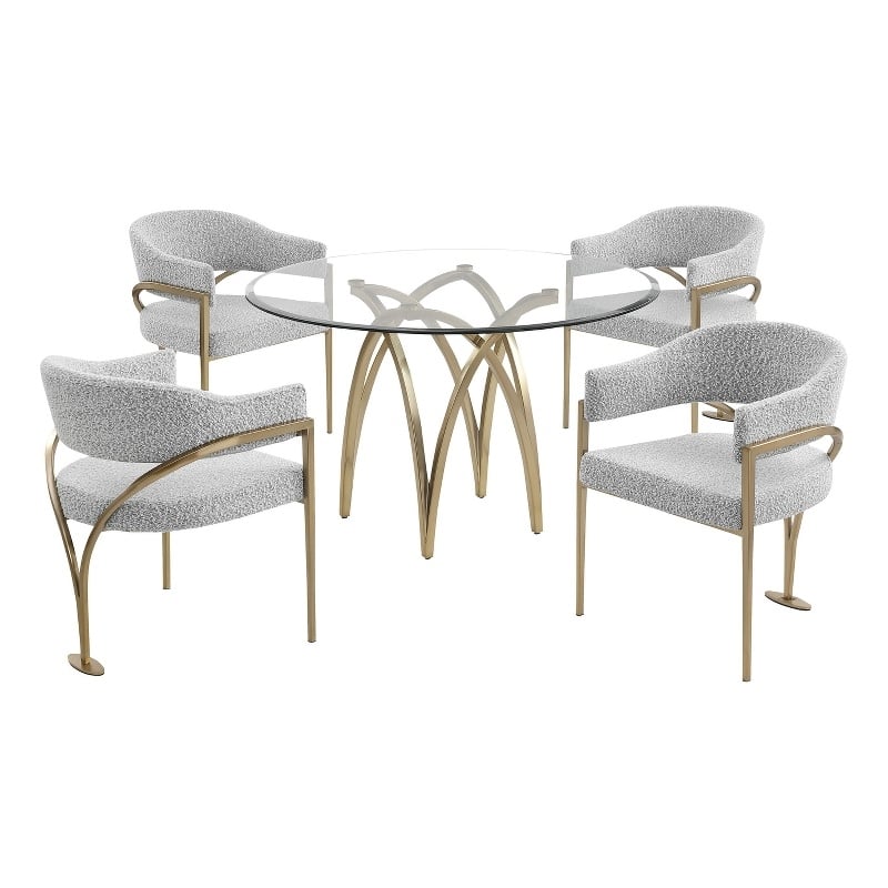 Best Quality Furniture 5pc Circle Clear Glass Dining Set & Boucle Fabric Chairs