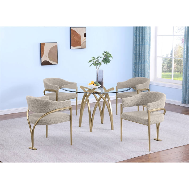 Best Quality Furniture 5pc Circle Clear Glass Dining Set & Boucle Fabric Chairs