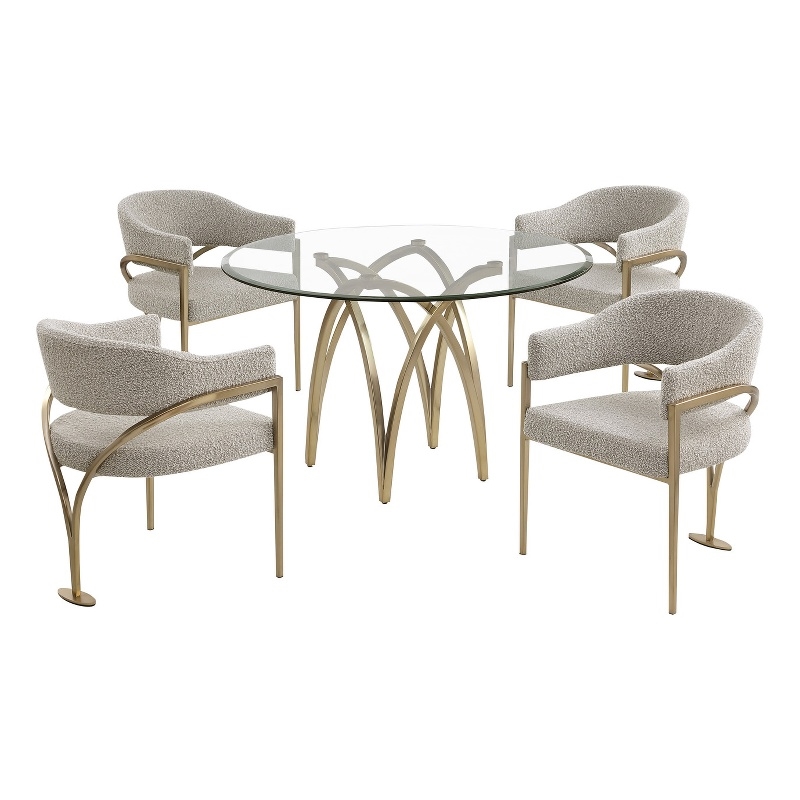 Best Quality Furniture 5pc Circle Clear Glass Dining Set & Boucle Fabric Chairs