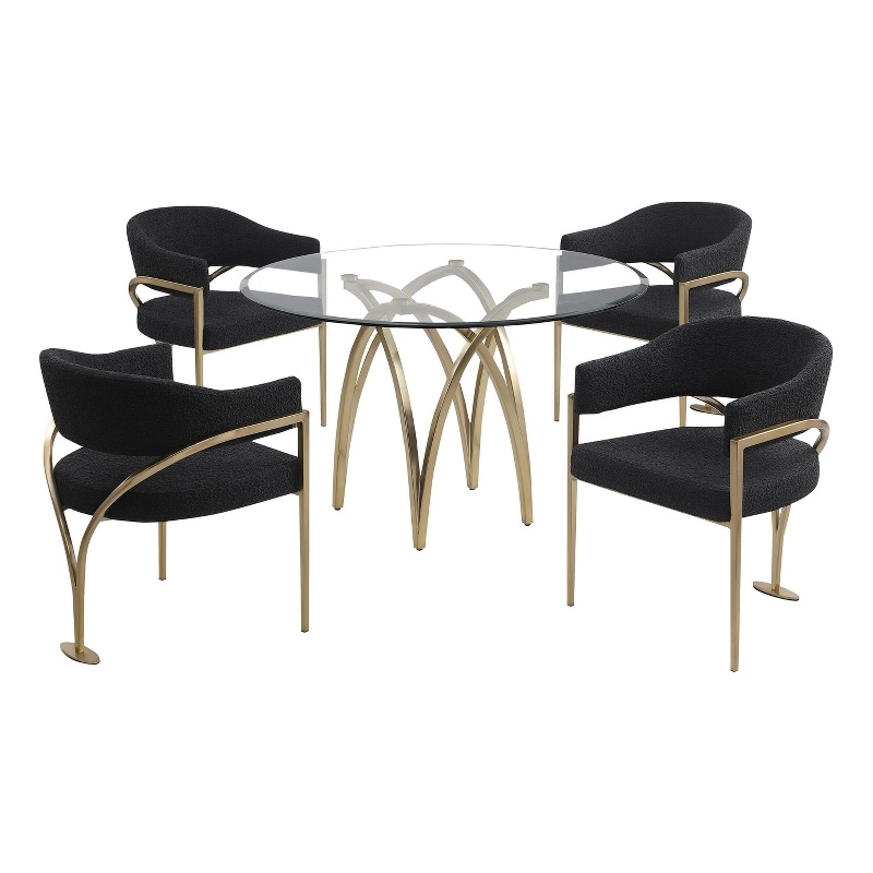 Best Quality Furniture 5pc Circle Clear Glass Dining Set & Boucle Fabric Chairs