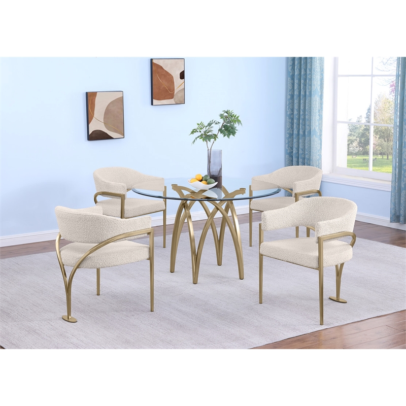 Best Quality Furniture 5pc Circle Clear Glass Dining Set & Boucle Fabric Chairs