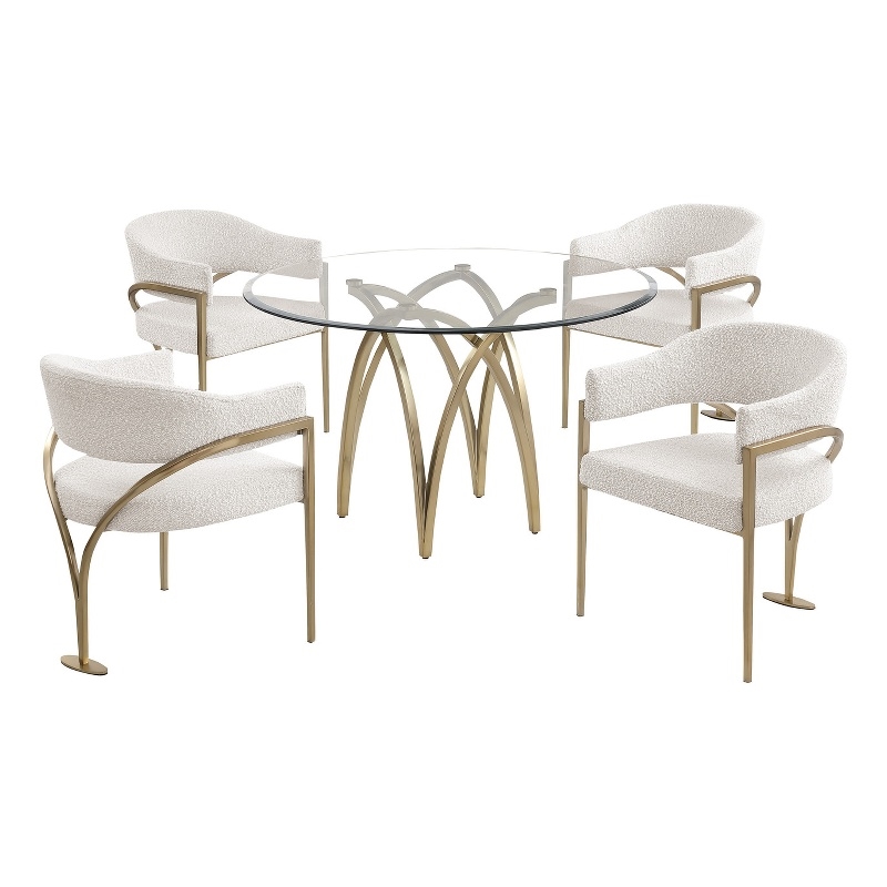 Best Quality Furniture 5pc Circle Clear Glass Dining Set & Boucle Fabric Chairs