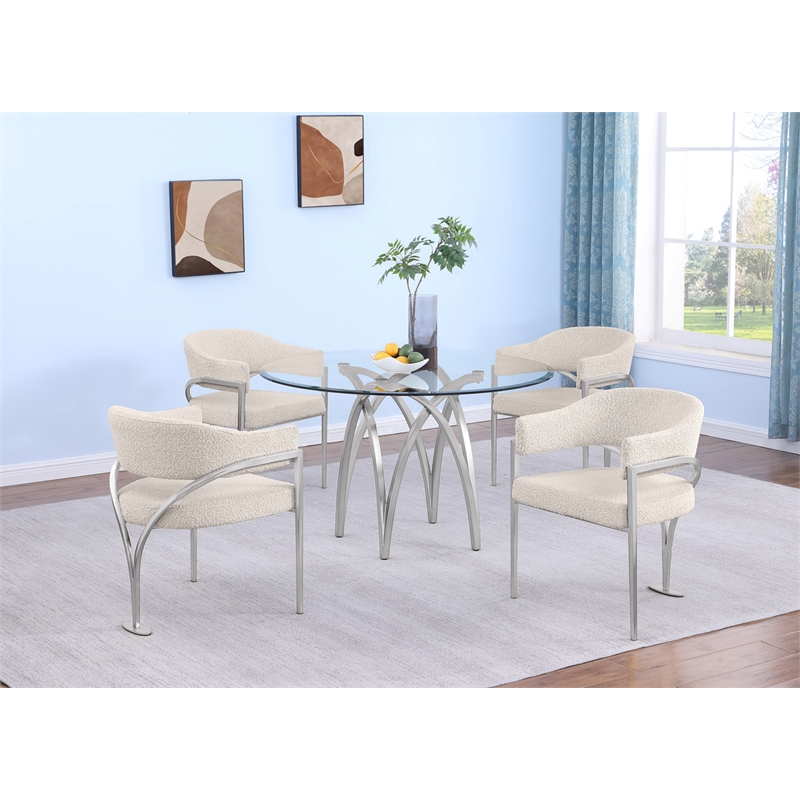 Best Quality Furniture 5pc Circle Clear Glass Dining Set & Boucle Fabric Chairs