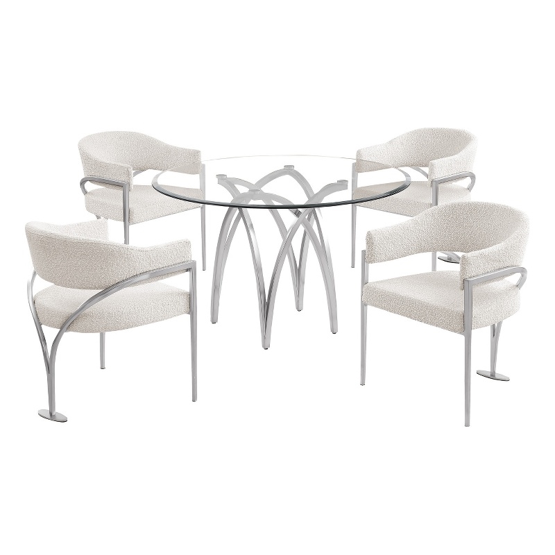 Best Quality Furniture 5pc Circle Clear Glass Dining Set & Boucle Fabric Chairs