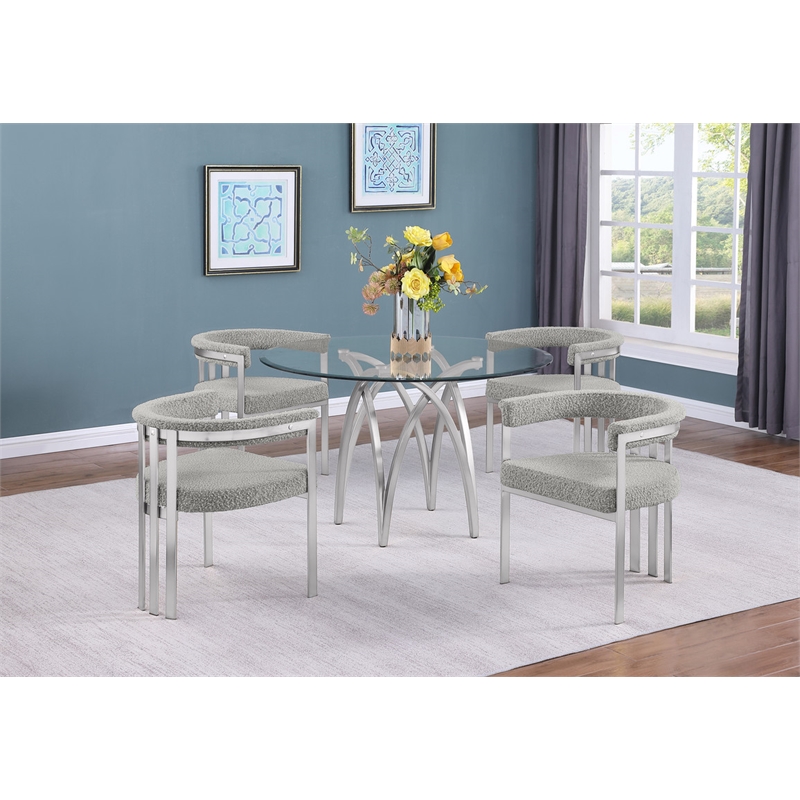 Best Quality Furniture 5pc Circle Clear Glass Dining Set & Boucle Fabric Chairs