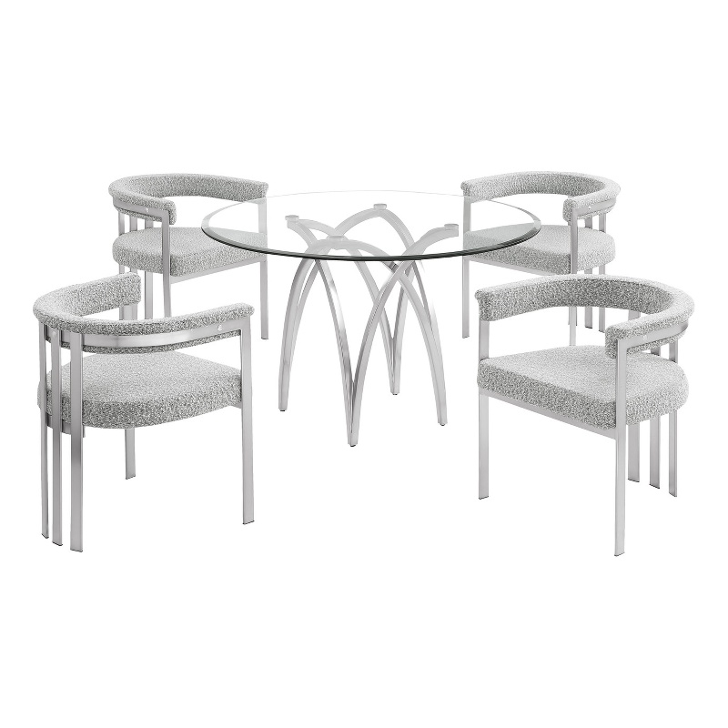 Best Quality Furniture 5pc Circle Clear Glass Dining Set & Boucle Fabric Chairs
