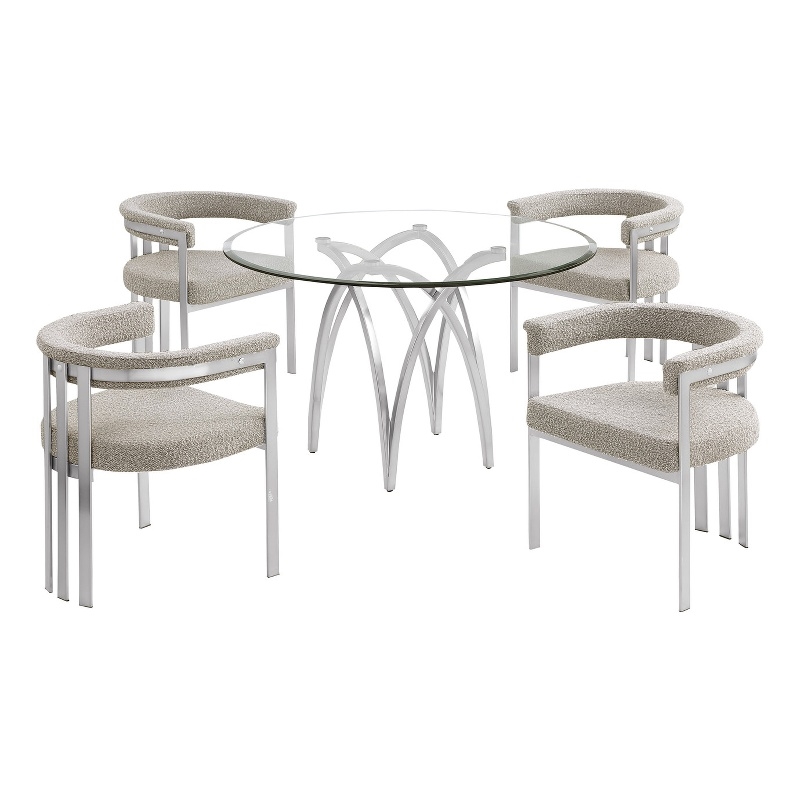 Best Quality Furniture 5pc Circle Clear Glass Dining Set & Boucle Fabric Chairs