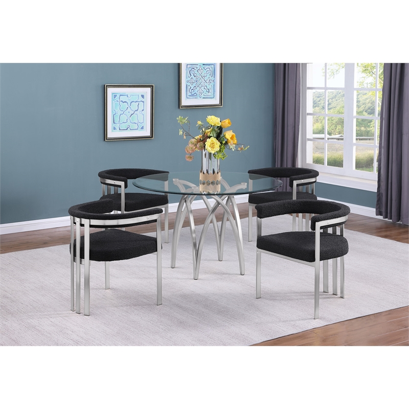 Best Quality Furniture 5pc Circle Clear Glass Dining Set & Boucle Fabric Chairs