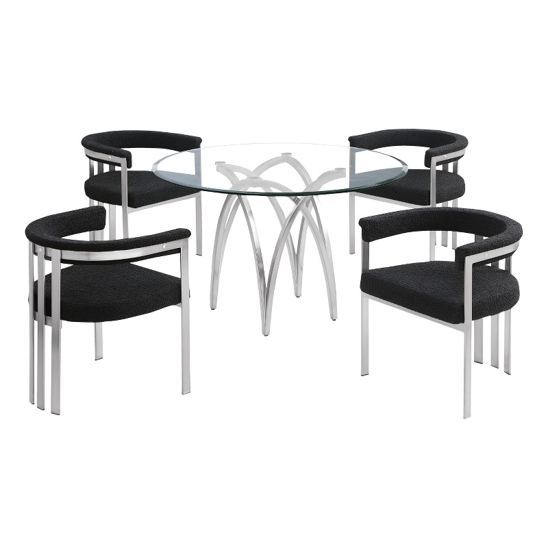 Best Quality Furniture 5pc Circle Clear Glass Dining Set & Boucle Fabric Chairs