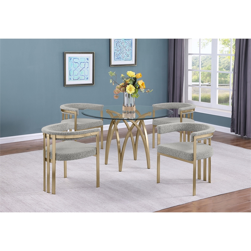 Best Quality Furniture 5pc Circle Clear Glass Dining Set & Boucle Fabric Chairs